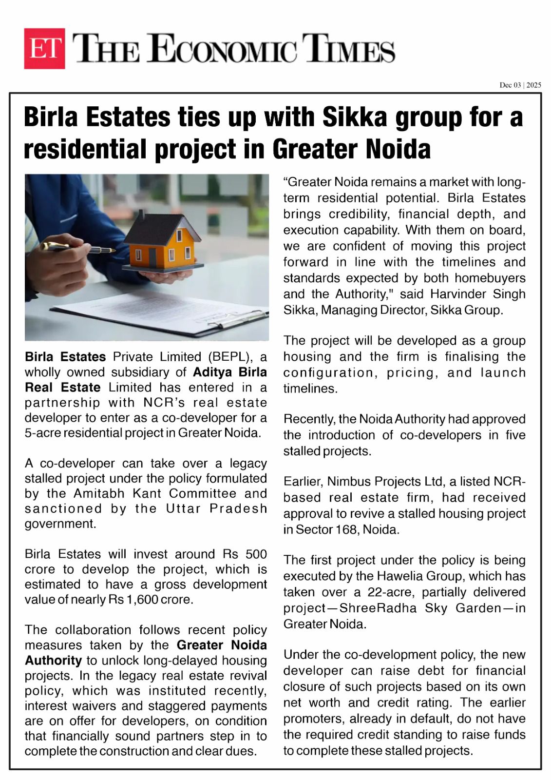 Birla Estate ties up with Sikka Group 7